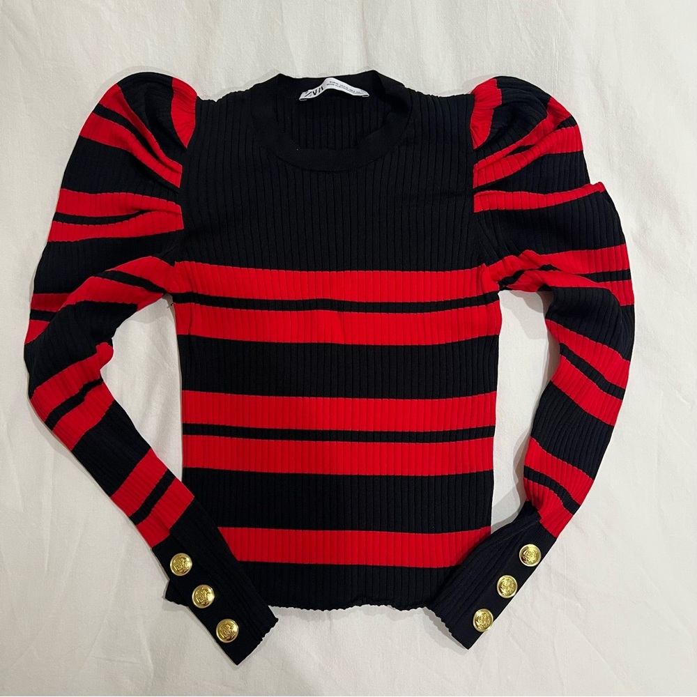 Zara Striped Black and Red Puff Sleeve Sweater